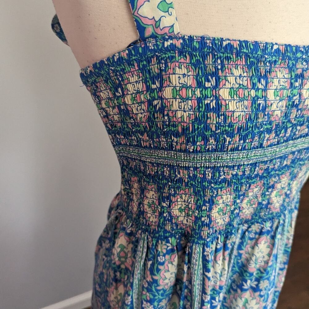 Womens Zara Printed Blue Patterned Maxi Dress Large Smocked Lace Bohemian - Picture 5 of 7